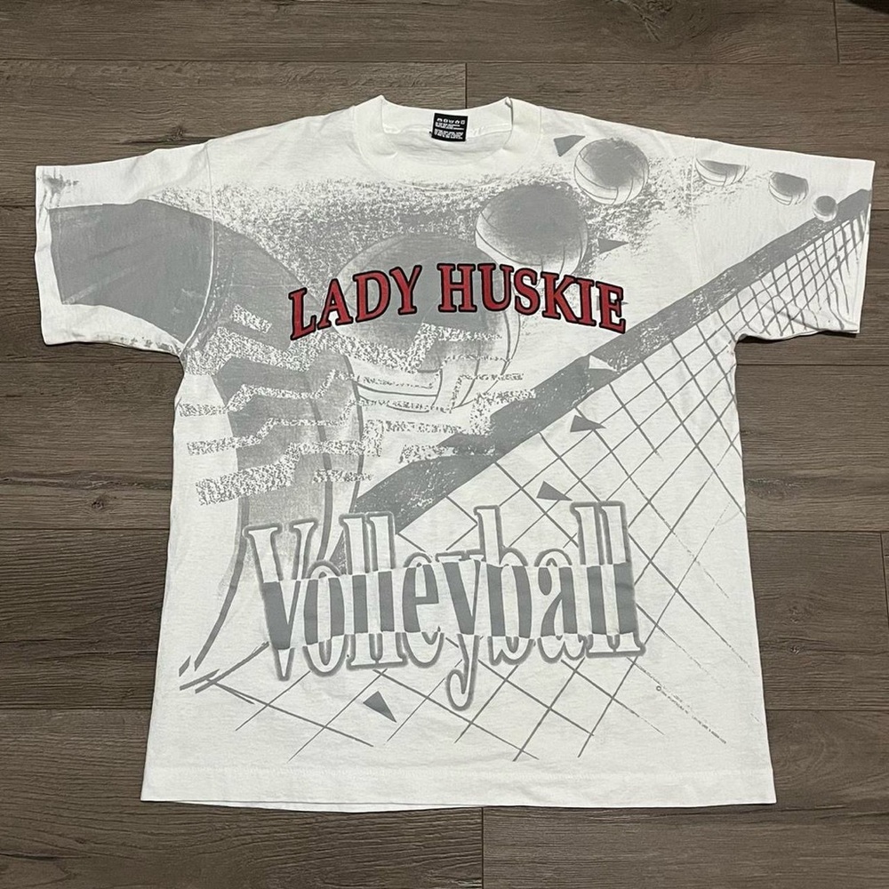 Vintage 1994 Lady Huskies white AOP volleyball sports tshirt